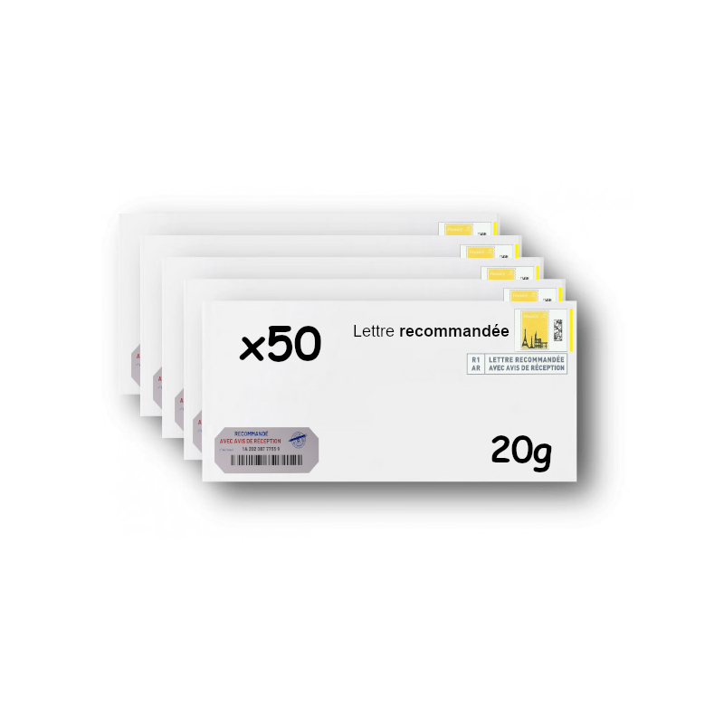 Pack 50 Enveloppes timbrées - Format postal DL - Lettre recommandée R1 avec AR - 20g