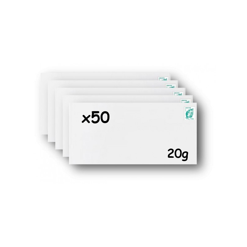 Pack 50 Enveloppes timbrées - Format postal DL - Lettre verte - 20g