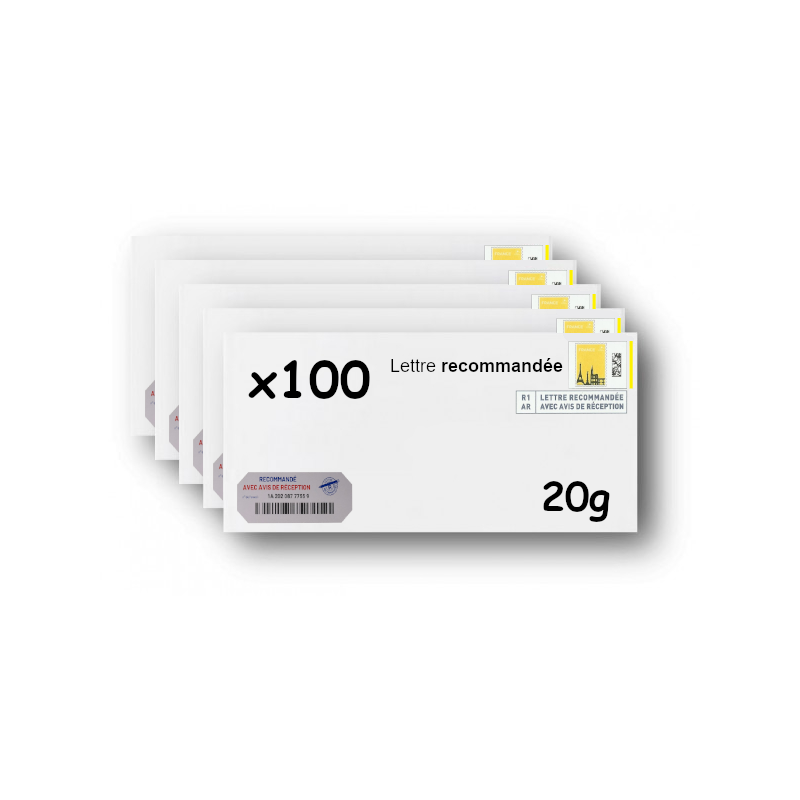 Pack 100 Enveloppes timbrées - Format postal DL - Lettre recommandée R1 avec AR - 20g