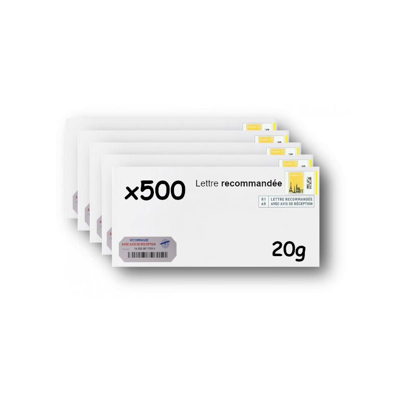 Pack 500 Enveloppes timbrées - Format postal DL - Lettre recommandée R1 avec AR - 20g