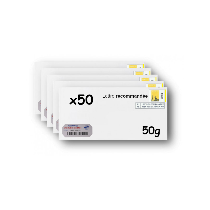 Pack 50 Enveloppes timbrées - Format postal DL - Lettre recommandée R1 avec AR - 50g