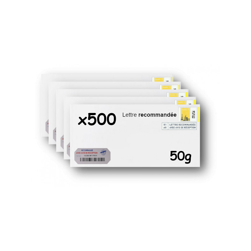 Pack 500 Enveloppes timbrées - Format postal DL - Lettre recommandée R1 avec AR - 50g