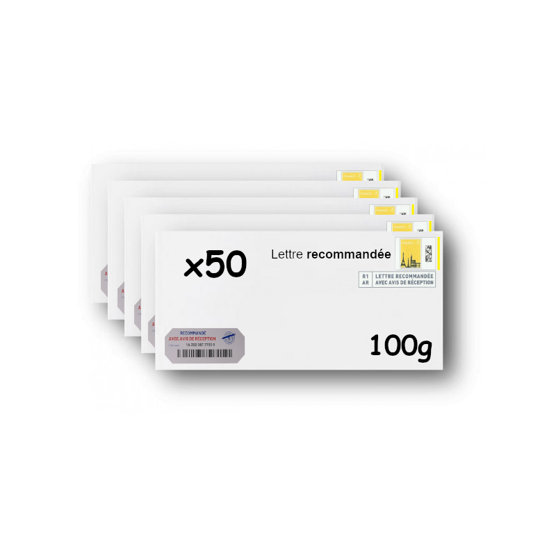 Pack 50 Enveloppes timbrées - Format postal DL - Lettre recommandée R1 avec AR - 100g