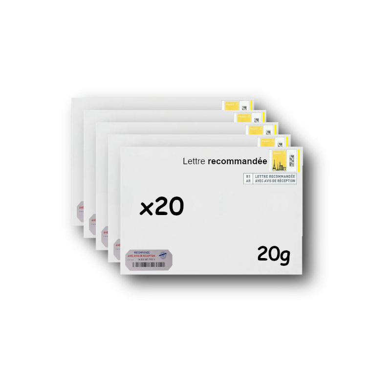 Pack 20 Enveloppes timbrées - Format postal C5 - Lettre recommandée R1 avec AR - 20g
