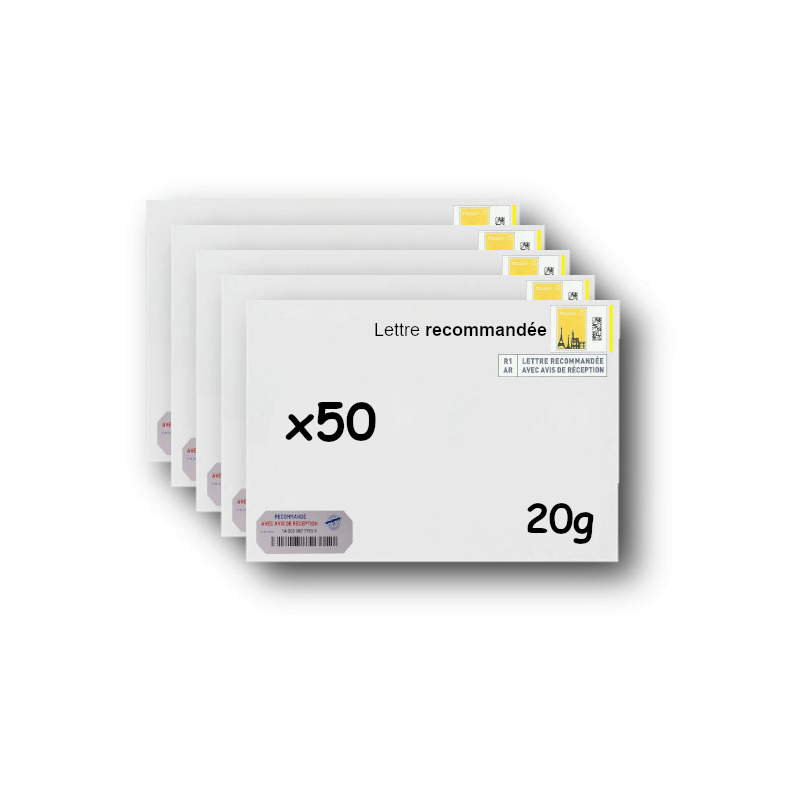 Pack 50 Enveloppes timbrées - Format postal C5 - Lettre recommandée R1 avec AR - 20g