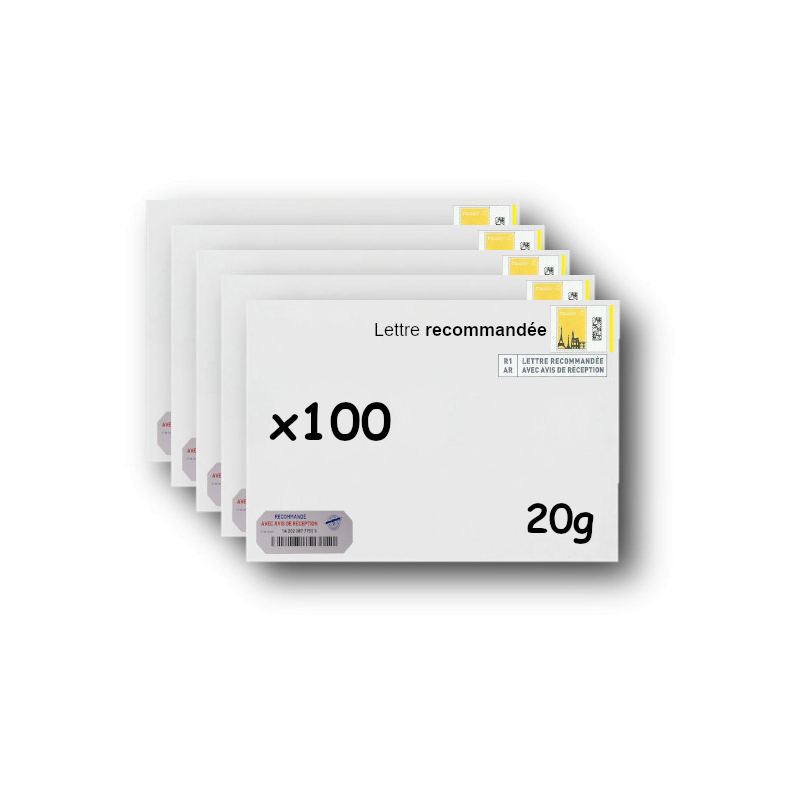 Pack 100 Enveloppes timbrées - Format postal C5 - Lettre recommandée R1 avec AR - 20g