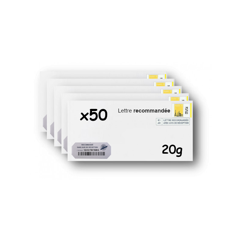 Pack 50 Enveloppes timbrées - Format postal DL - Lettre recommandée R1 sans AR - 20g