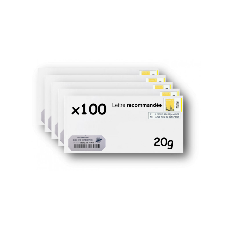 Pack 100 Enveloppes timbrées - Format postal DL - Lettre recommandée R1 sans AR - 20g