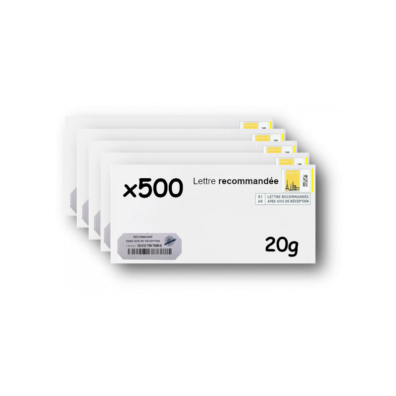 Pack 500 Enveloppes timbrées - Format postal DL - Lettre recommandée R1 sans AR - 20g