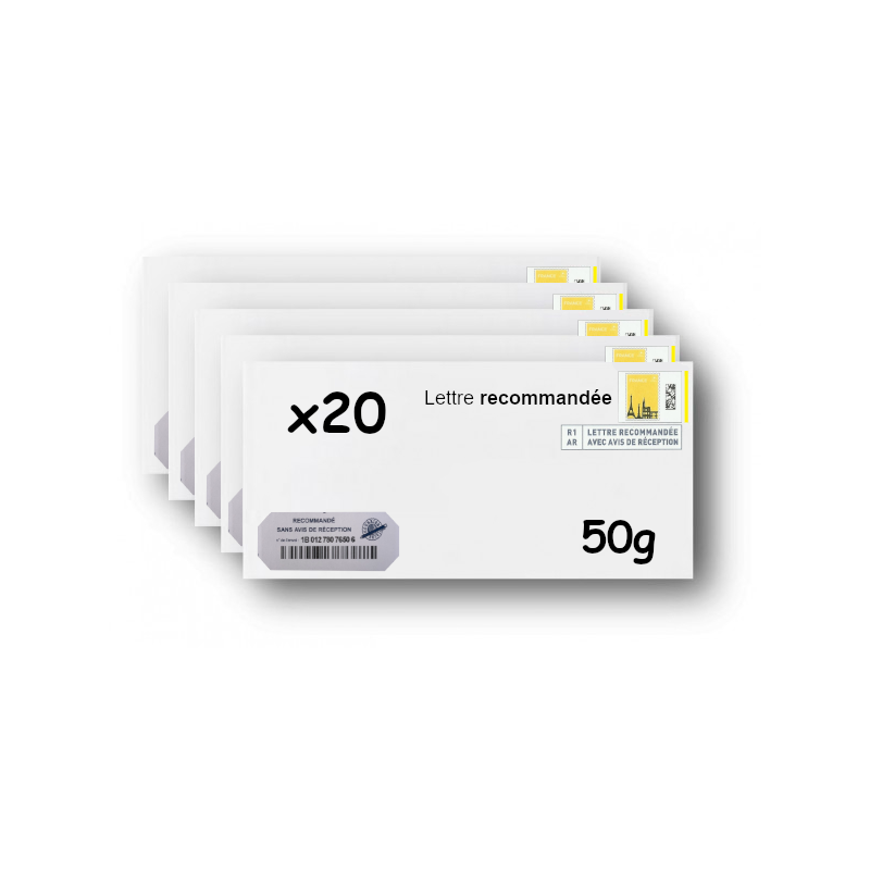 Pack 20 Enveloppes timbrées - Format postal DL - Lettre recommandée R1 sans AR - 50g