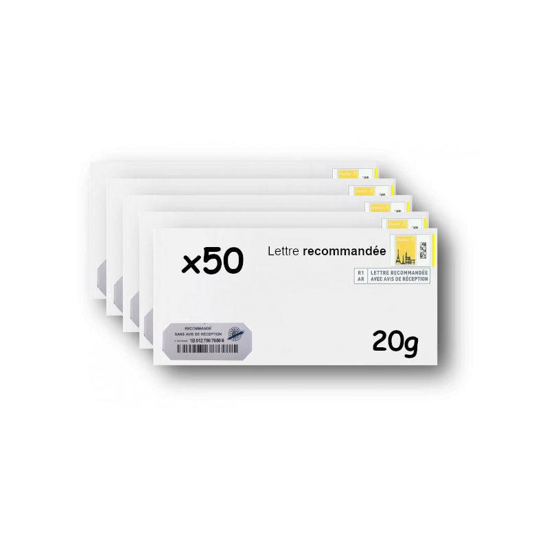 Pack 50 Enveloppes timbrées - Format postal DL - Lettre recommandée R1 sans AR - 50g