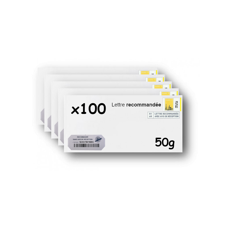 Pack 100 Enveloppes timbrées - Format postal DL - Lettre recommandée R1 sans AR - 50g
