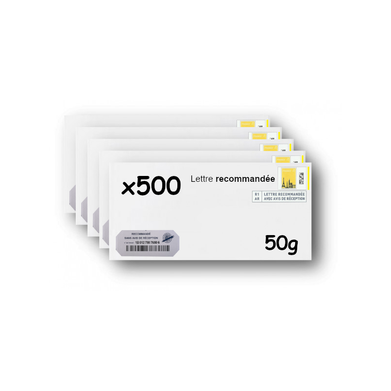 Pack 500 Enveloppes timbrées - Format postal DL - Lettre recommandée R1 sans AR - 50g