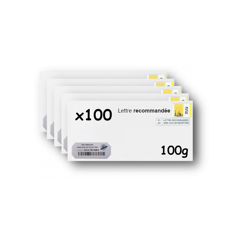 Pack 100 Enveloppes timbrées - Format postal DL - Lettre recommandée R1 sans AR - 100g